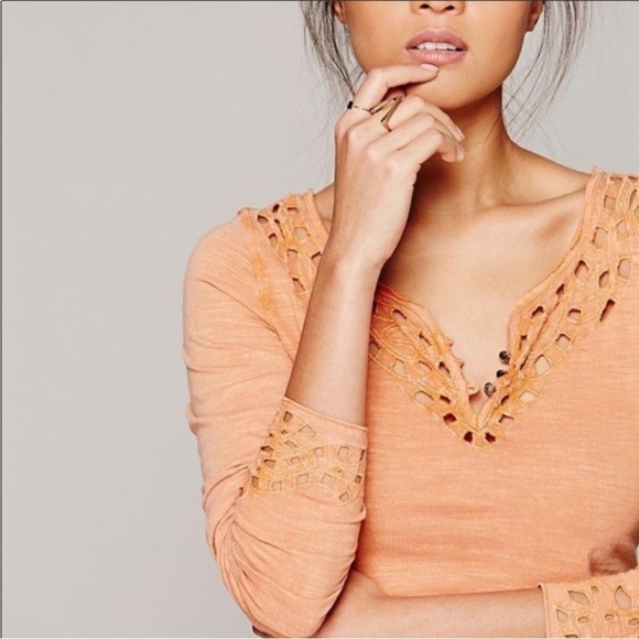 Free People Luna cutout henley long sleeve Ivory cream yellow Small Anthro - Picture 6 of 6